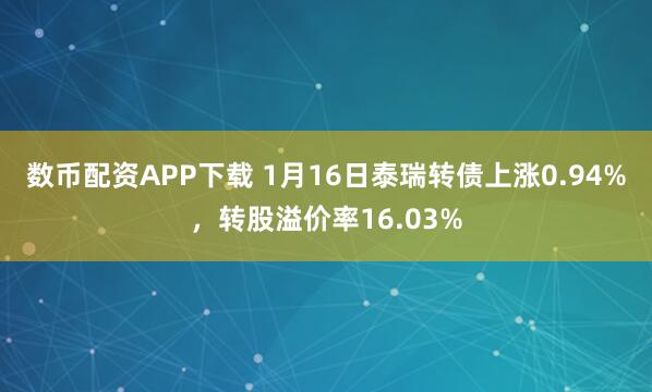 数币配资APP下载 1月16日泰瑞转债上涨0.94%，转股溢价率16.03%
